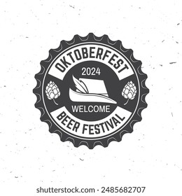 Oktoberfest logo or badge design. Vector. German traditional hat, bottle cap and malt. Vintage typographic design.