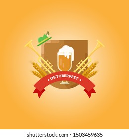 Oktoberfest logo badge. Illustration of Bavarian festival design on textured background with trumpet, wheat, hat, and a glass of beer in the center for logo, poster, card, postcard or banner