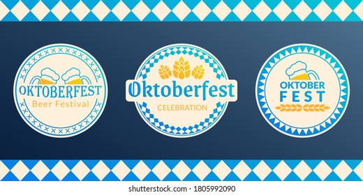 Oktoberfest logo, badge or label set. Beer festival poster or banner design elements. German fest signs. Stamp or seal collection with beer mugs and hop. Vector illustration.