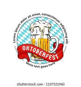 Oktoberfest logo badge. Munich beer festival concept, hand drawn glass beer mug illustration with bavarian flag background and ribbon design. Retro, vintage old style design.