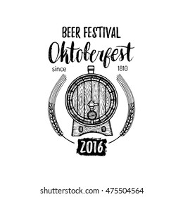 Oktoberfest logo. Beer festival sign with hand sketched wooden barrel. Vector vintage brewery label or badge. Wiesn symbol.