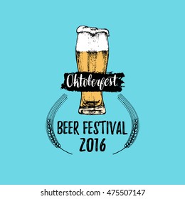 Oktoberfest logo. Beer festival sign with hand sketched glass. Vector vintage brewery label or badge. Wiesn symbol.