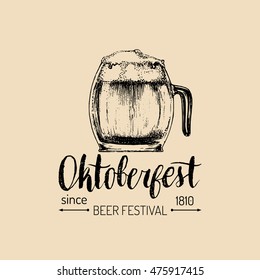 Oktoberfest logo. Beer festival sign with hand sketched glass mug. Vector vintage brewery label or badge. Wiesn symbol.