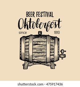 Oktoberfest logo. Beer festival sign with hand sketched wooden barrel. Vector vintage brewery label or badge. Wiesn symbol.