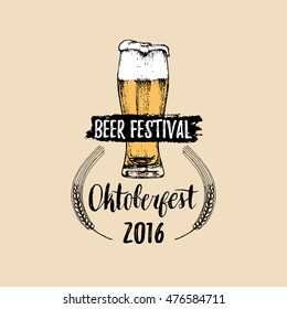 Oktoberfest logo. Beer festival sign with hand sketched glass. Vector vintage brewery label or badge. Wiesn symbol.