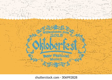 Oktoberfest logo. Beer Festival vector banner. Illustration of Bavarian festival design on textured background with floral wreath. Blue, white lettering typography for logo, poster, card, postcard