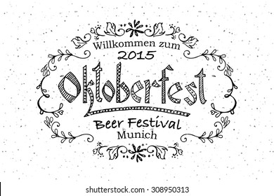 Oktoberfest logo. Beer Festival vector banner. Illustration of Bavarian festival design on textured background with floral wreath. Blue, white lettering typography for logo, poster, card, postcard