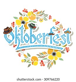 Oktoberfest logo. Beer Festival vector banner. Illustration of Bavarian festival design on textured background with floral wreath. Blue, white lettering typography for logo, poster, card, postcard