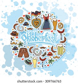 Oktoberfest logo. Beer Festival vector banner. Illustration of Bavarian festival design on textured background with floral wreath. Blue, white lettering typography for logo, poster, card, postcard