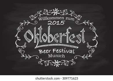 Oktoberfest logo. Beer Festival vector banner. Illustration of Bavarian festival design on textured background with floral wreath. Blue, white lettering typography for logo, poster, card, postcard