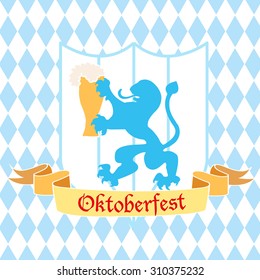 Oktoberfest logo. Beer Festival vector banner. Illustration of Bavarian festival design on textured background with ribbon and lion. Blue, white lettering typography for logo, poster, card, postcard