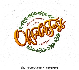 Oktoberfest logo. Beer Festival vector banner. Illustration of Bavarian festival design on textured background with floral wreath. Blue, white lettering typography for logo, poster, card, postcard