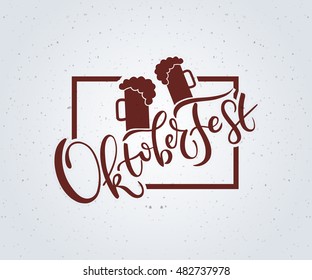 Oktoberfest logo. Beer Festival vector banner. Illustration of Bavarian festival design on textured background with floral wreath. Blue, white lettering typography for logo, poster, card, postcard