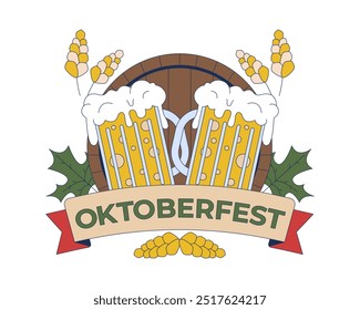 Oktoberfest logo with beer mugs 2D illustration concept. Traditional bavarian beer holiday invitation cartoon objects isolated on white. Brewery label metaphor abstract flat vector graphic