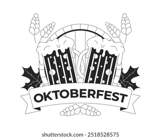 Oktoberfest logo with beer mugs black and white 2D illustration concept. Traditional bavarian beer holiday invitation cartoon objects isolated on white. Brewery label metaphor monochrome vector art