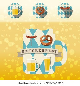 Oktoberfest logo concept. Silhouette mugs of beer in the colors of the Bavarian flag icons with traditional snacks for beer.