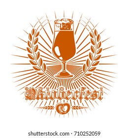 Oktoberfest logo design. Beer festival. Pretzel, glass of beer, ears of wheat. Vector illustration