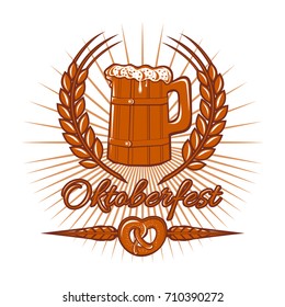 Oktoberfest logo design. Beer festival. Mug of beer, pretzel and ears of wheat . Vector illustration