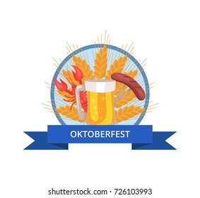 Oktoberfest logo design with glass of beer, grilled sausage on folk and cooked red crayfish on ears of wheat vector in circle with ribbon, Octoberfest