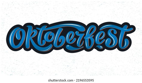 Oktoberfest Logo handschrift Design, blaue Buchstaben mit Biertropfen auf blauem strukturiertem Hintergrund. Titel für Grußkartenplakate. Feiern der Design-Vorlage.   Bavarian Bierfestival Banner.