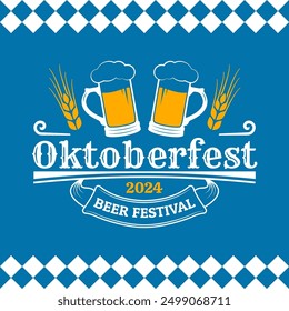 Oktoberfest logo, label or badge with beer mug, cheers icon. Octoberfest, German beer festival poster or banner design. Vector illustration.