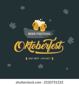 Logo, Etikett oder Abzeichen des Oktoberfests mit einem Bierbecher und einem Jubelsymbol. Perfekt für das Oktoberfest, das legendäre deutsche Bierfest. Ideal für Poster- oder Banner-Designs. Vektorgrafik enthalten