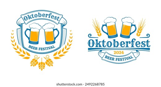 Logotipo, etiqueta o insignia de Oktoberfest con iconos de tazas de cerveza. Octoberfest, cartel del festival cervecero alemán o diseño de Anuncio. Ilustración vectorial.