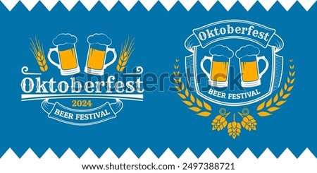 Oktoberfest logo, label or badge set with beer mug icons. Octoberfest, German beer festival poster or banner design. Vector illustration.