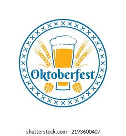 Oktoberfest logo, label or icon. Beer fest round badge with glass, wheat and malt. German, Bavarian October festival design element. Vector illustration.