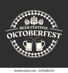 Oktoberfest logo, label or icon. Beer fest round badge with mugs and malt. German, Bavarian October festival design element. Vector illustration.