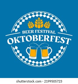 Oktoberfest logo, label or icon. Beer fest round badge with mugs and malt. German, Bavarian October festival design element. Vector illustration.