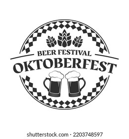 Oktoberfest logo, label or icon. Beer fest round badge with mugs and malt. German, Bavarian October festival design element. Vector illustration.