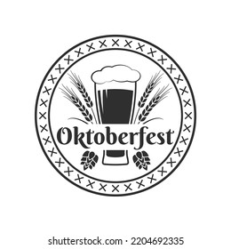 Oktoberfest logo, label or icon. Beer fest round badge with glass, wheat and malt. German, Bavarian October festival design element. Vector illustration.