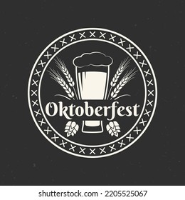 Oktoberfest logo, label or icon. Beer fest round badge with glass, wheat and malt. German, Bavarian October festival design element. Vector illustration.