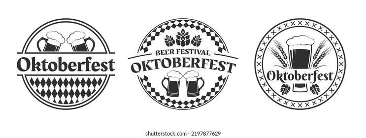 Oktoberfest logo or label set. Beer fest round badges with mug icons. German, Bavarian October festival design elements. Vector illustration.