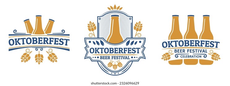 Logo o conjunto de etiquetas de Oktoberfest. Diseño vintage del festival de la cerveza. Emblema del festival de octubre, afiche o plantilla de banner. Signo o icono tradicional alemán, del festival bávaro de cerveza. Ilustración vectorial.