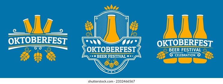 Oktoberfest logo or label set. Beer festival vintage design. October fest emblem, poster or banner template. Traditional German, Bavarian beer festival sign or icon. Vector illustration.