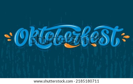 Oktoberfest logo lettering vector design, blue letters with beer drops on the textured background. Design template event celebration.  Title for greeting cards posters. Bavarian beer Festival banner.