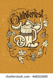 Oktoberfest. Logo, poster. Mug of beer pretzel hand drawn dirndl and sausages. The background is Kraft. Frame of trudging hops