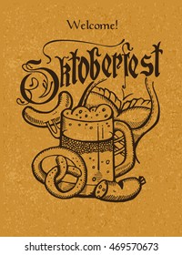 Oktoberfest. Logo, poster. Mug of beer pretzel hand drawn dirndl and sausages. The background is Kraft.