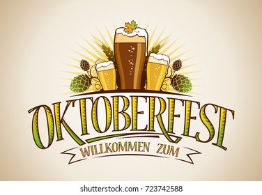 Diseño de rótulos del logo de Oktoberfest con gafas de cerveza y lúpulo