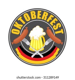 Oktoberfest logo - Traditional annual  Beer Festival in Germany. Mug and sausage with fork in circle. Vector illustration for a holiday