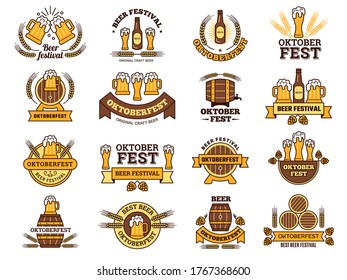 Oktoberfest logo. Traditional beer festival emblems with alcoholic drinks pictures lager pub vector elements template