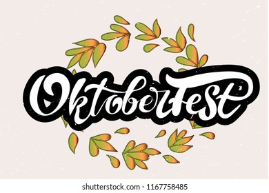 Oktoberfest logotype with autumn leaves wreath  and thick black stroke on pink textured  background. 