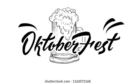 Oktoberfest logotype. Beer Festival vector banner. Illustration of Bavarian festival design on isolated white background with beer glass. Black lettering typography for logo, poster, card, postcard.