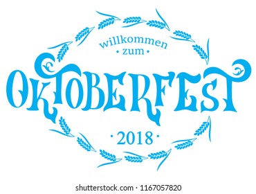 Oktoberfest logotype. Beer Festival vector banner. Illustration of Bavarian festival design on textured background. Blue, white lettering typography for logo, poster, card, postcard