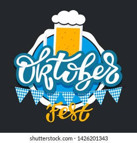 Oktoberfest logotype. Beer Festival vector banner. Illustration of Bavarian festival design on blackboard with floral wreath. Blue, white lettering typography for logo, poster, card, postcard