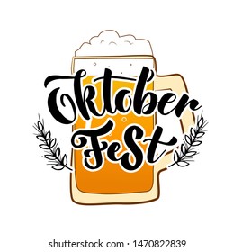 Oktoberfest logotype. Beer Festival vector banner. Beer mug and heads of grain. Lettering typography for logo, poster, website, promotion, flyer.