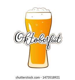 Oktoberfest logotype. Beer Festival vector illustration on  white background and handdrawn beer glass. Lettering typography for logo, banner, label, pin,  poster, website, promotion, flyer.