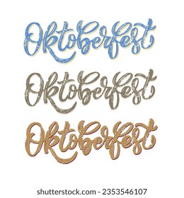 Oktoberfest logotype. Beer Festival vector banner. Illustration of Bavarian festival design on textured background with floral wreath. Blue, white lettering typography for logo, poster, card, postcard